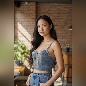 Haute Monde Denim Sequined Cropped Top Bustier Junior Large Cowgirl Western Boho